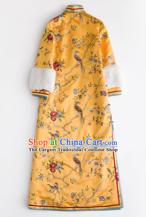 Chinese Traditional National Costume Cheongsam Ancient Qing Dynasty Embroidered Yellow Qipao Dress for Women