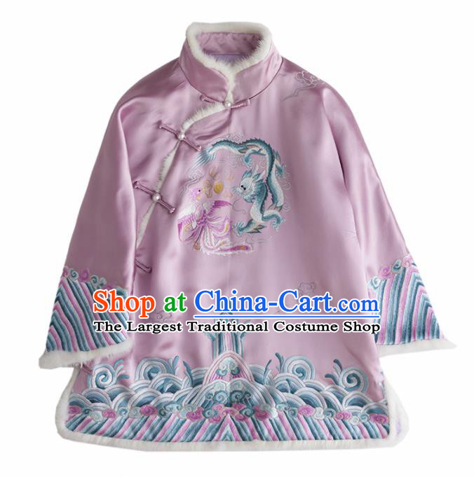 Chinese Traditional National Costume Tang Suit Upper Outer Garment Embroidered Dragon Phoenix Pink Shirts for Women