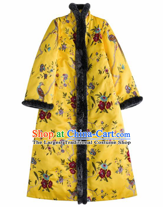 Chinese Traditional National Costume Tang Suit Embroidered Rhododendrons Cotton Padded Coat for Women