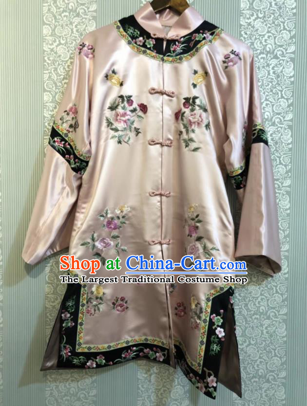 Chinese Traditional National Costume Ancient Qing Dynasty Embroidered Pink Silk Blouse for Women