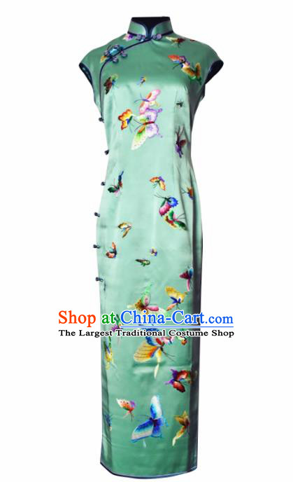 Chinese Traditional Costume National Cheongsam Embroidered Butterfly Green Silk Qipao Dress for Women