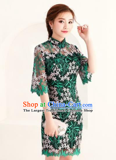 Chinese Traditional National Costume Classical Cheongsam Embroidered Green Full Dress for Women