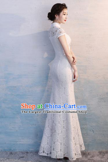 Chinese Traditional National Costume Classical Wedding Cheongsam Embroidered White Lace Full Dress for Women