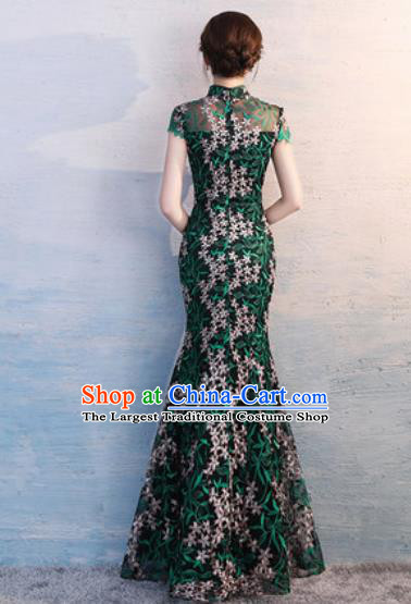 Chinese Traditional National Costume Classical Wedding Cheongsam Green Fishtail Full Dress for Women