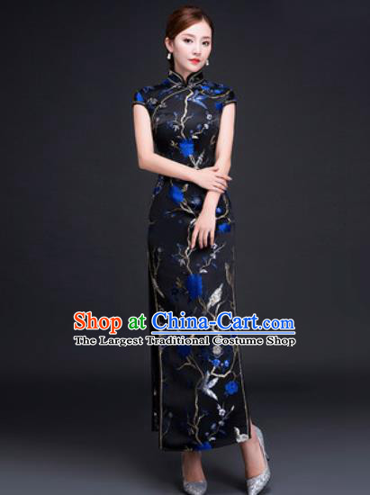 Chinese Traditional National Costume Classical Wedding Cheongsam Blue Peony Qipao Dress for Women