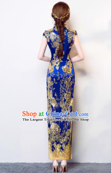 Chinese Traditional National Costume Classical Wedding Cheongsam Royalblue Full Dress for Women