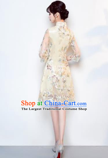 Chinese Traditional National Costume Classical Cheongsam Wedding Beige Full Dress for Women
