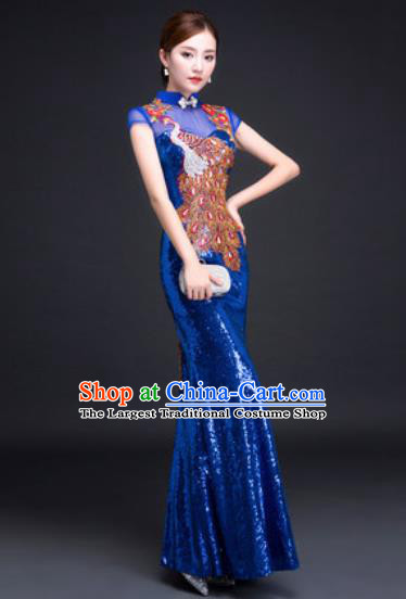 Chinese Traditional National Costume Classical Wedding Royalblue Fishtail Full Dress for Women