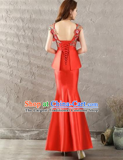 Chinese Traditional Wedding Costume Classical Embroidered Red Fishtail Full Dress for Women