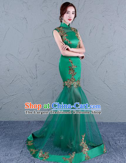 Chinese Traditional Wedding Costume Classical Embroidered Green Veil Full Dress for Women