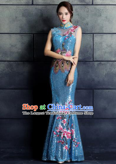 Chinese Traditional Wedding Costume Classical Embroidered Magnolia Blue Full Dress for Women