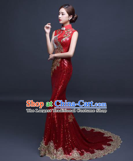 Chinese Traditional Wedding Costume Classical Red Trailing Full Dress for Women