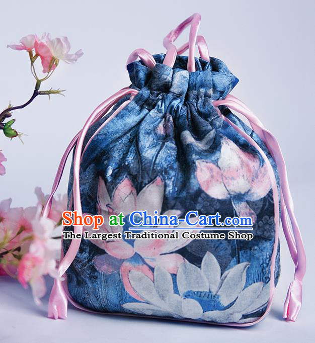 Chinese Traditional Hanfu Accessories Classical Printing Lotus Navy Handbag for Women