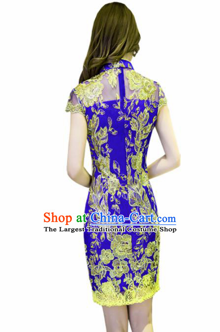 Chinese Traditional Blue Short Cheongsam Costume Classical Full Dress for Women