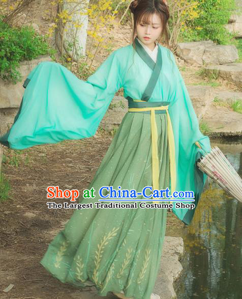Chinese Ancient Young Lady Green Hanfu Dress Jin Dynasty Swordswoman Traditional Historical Costume for Women