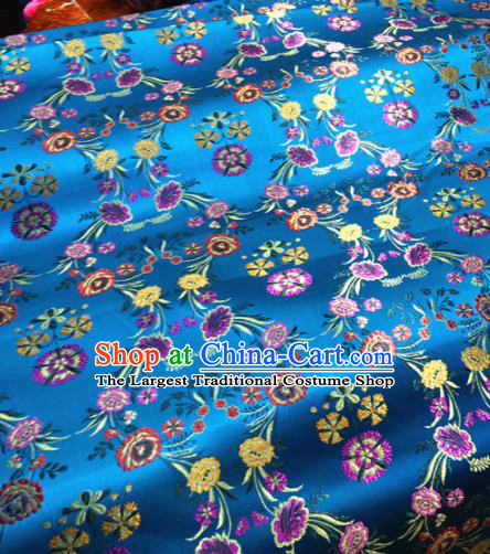 Chinese Traditional Buddhism Flowers Pattern Design Blue Brocade Silk Fabric Tibetan Robe Satin Fabric Asian Material