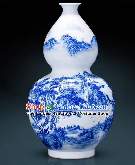 Chinese Jingdezhen Ceramic Landscape Painting Calabash Vase Handicraft Traditional Blue and White Porcelain Vase