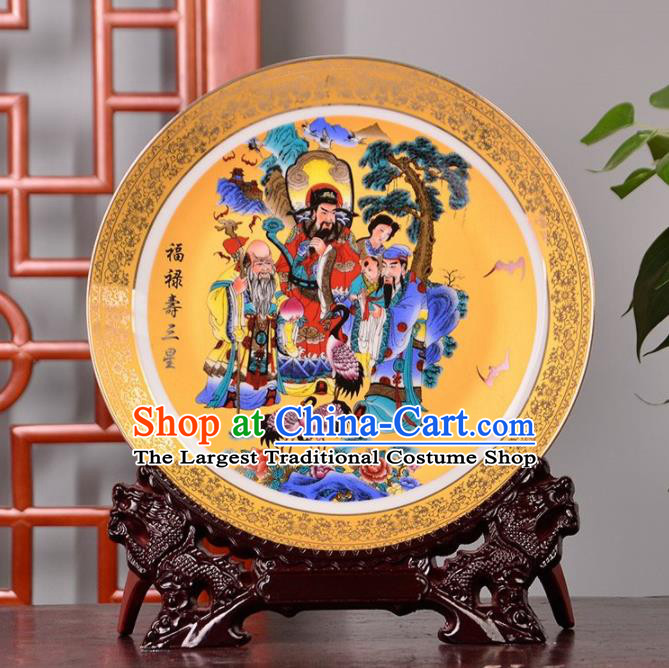 Chinese Traditional Hand Painting Three Stars of Luck Decoration Enamel Dish Jingdezhen Ceramic Handicraft