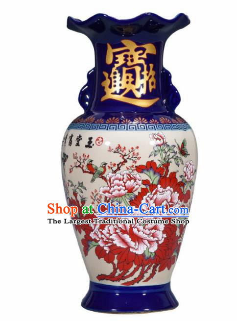 Chinese Jingdezhen Ceramic Craft Printing Peony Enamel Vase Handicraft Traditional Porcelain Vase