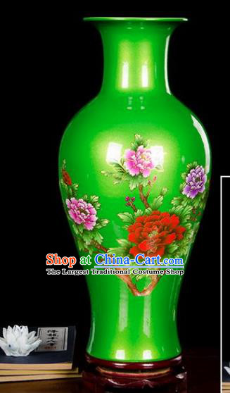 Chinese Jingdezhen Ceramic Craft Printing Peony Pattern Green Enamel Vase Handicraft Traditional Porcelain Vase