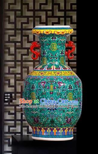 Chinese Jingdezhen Ceramic Craft Colour Enamel Green Amphora Vase Handicraft Traditional Porcelain Vase