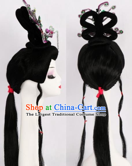 Chinese Ancient Peri Wigs and Rosy Phoenix Tassel Hairpins Traditional Peking Opera Artiste Hair Accessories for Women