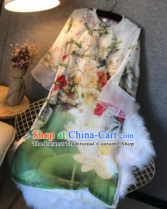 Chinese Traditional National Costume Tang Suit Qipao Dress Printing Lotus Cheongsam for Women