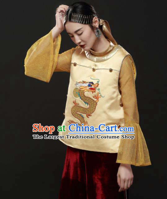 Chinese Traditional National Costume Embroidered Dragon Golden Blouse Tang Suit Upper Outer Garment for Women