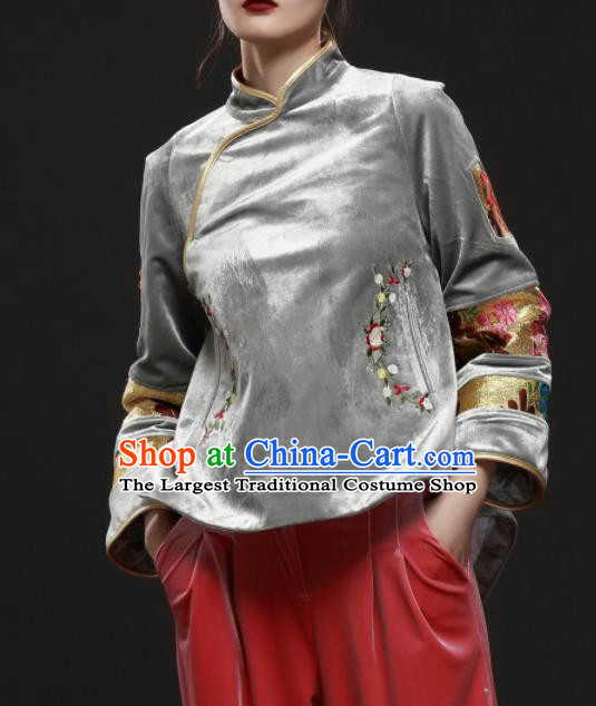 Chinese Traditional National Costume Embroidered Grey Velvet Jacket Tang Suit Upper Outer Garment for Women