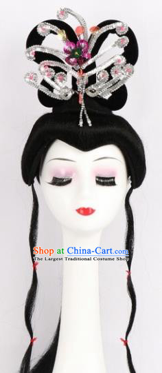 Chinese Ancient Peri Wigs and White Phoenix Tassel Hairpins Traditional Peking Opera Artiste Hair Accessories for Women