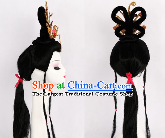 Chinese Ancient Peri Wigs and Golden Phoenix Tassel Hairpins Traditional Peking Opera Artiste Hair Accessories for Women
