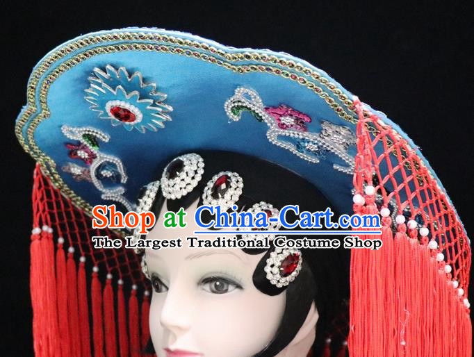 Chinese Ancient Swordswoman Blue Hat Traditional Peking Opera Artiste Headwear for Women