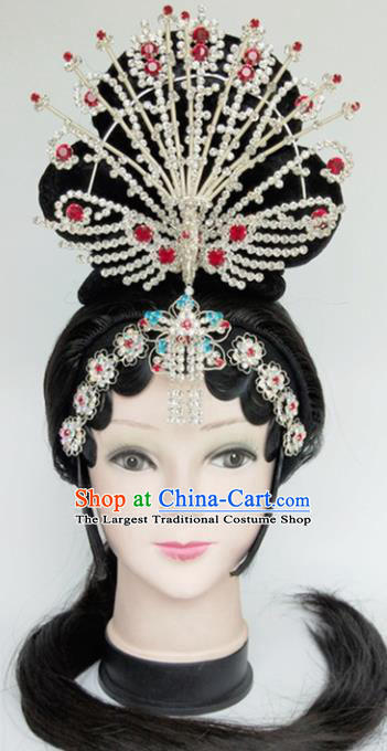 Chinese Ancient Peri Wigs and Crystal Phoenix Hairpins Traditional Peking Opera Imperial Consort Wig Sheath Hair Accessories for Women