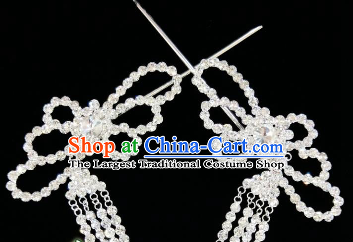 Chinese Ancient Princess White Crystal Tassel Hairpins Traditional Peking Opera Artiste Hair Clips Headwear for Women