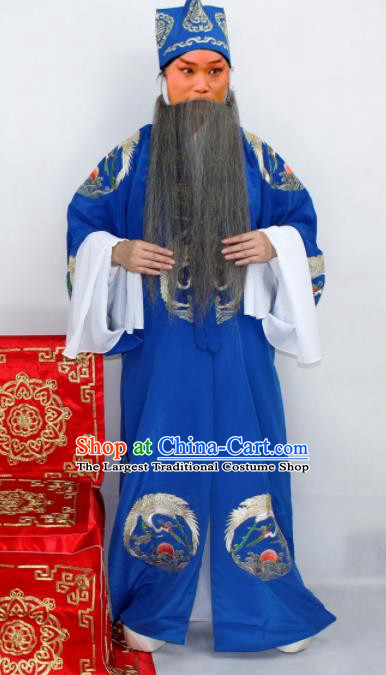 Chinese Ancient Ministry Councillor Embroidered Blue Robe Traditional Peking Opera Old Men Costume for Men