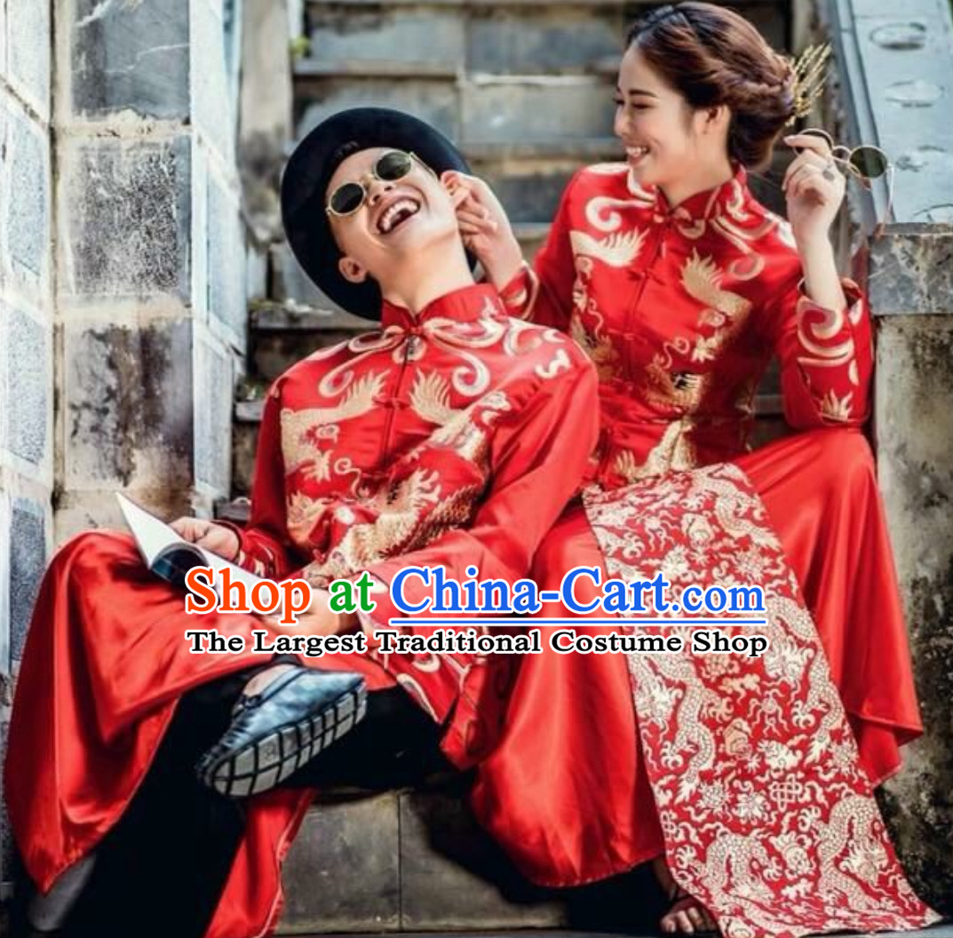 Traditional Vietnam Wedding Dresses Complete Set for Bride and Bridegroom