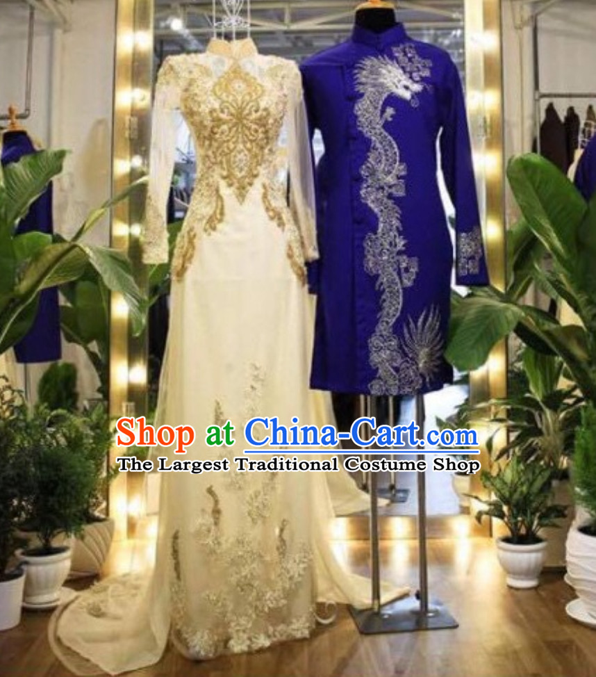 Classical Traditional Vietnam Wedding Dresses Complete Set for Bride and Bridegroom