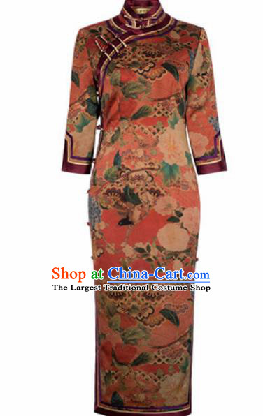 Chinese Traditional Tang Suit Qipao Dress National Costume Printing Orange Cheongsam for Women