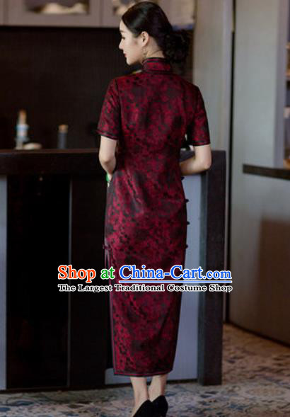 Chinese Traditional Tang Suit Qipao Dress National Costume Purplish Red Silk Cheongsam for Women