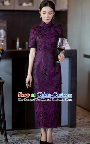 Chinese Traditional Tang Suit Qipao Dress National Costume Purple Silk Cheongsam for Women