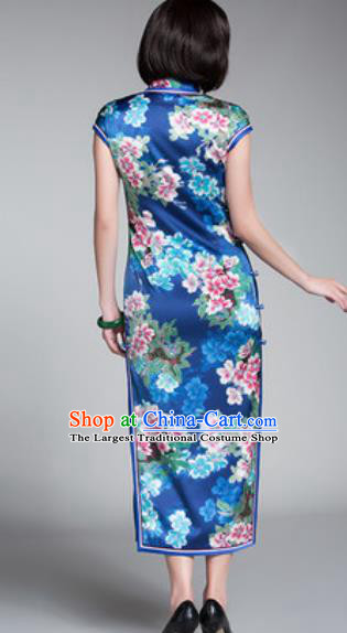 Chinese Traditional Printing Flowers Blue Cheongsam Tang Suit Qipao Dress National Costume for Women