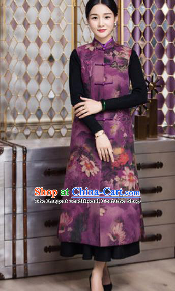 Chinese Traditional Tang Suit Qipao Purple Long Vest National Costume for Women