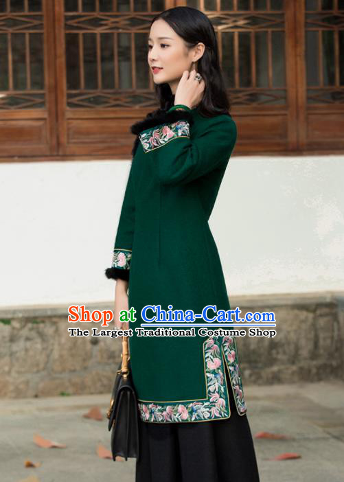 Chinese Traditional Green Woolen Embroidered Cheongsam Tang Suit Qipao Dress National Costume for Women