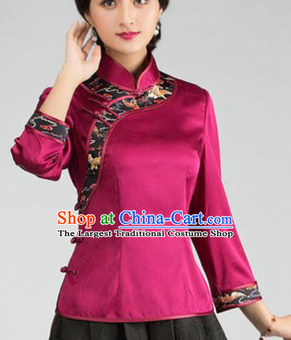 Chinese Traditional Tang Suit Upper Outer Garment Rosy Silk Blouse National Costume for Women
