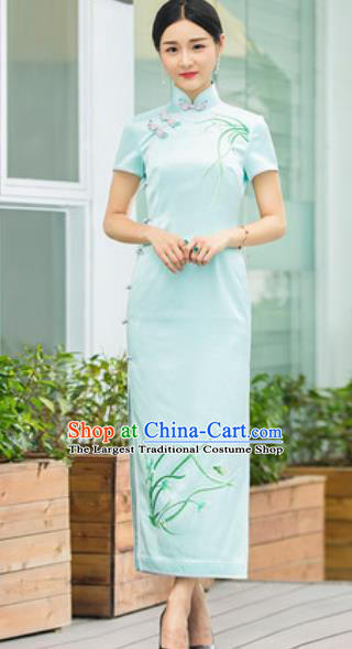 Chinese Traditional Embroidered Orchid Green Cheongsam Tang Suit Qipao Dress National Costume for Women