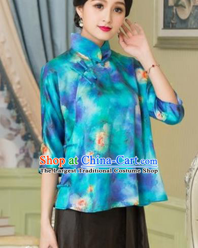 Chinese Traditional Tang Suit Upper Outer Garment Printing Blue Silk Blouse National Costume for Women