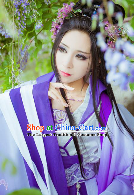 Chinese Traditional Cosplay Peri Goddess Costume Ancient Imperial Consort Purple Hanfu Dress for Women