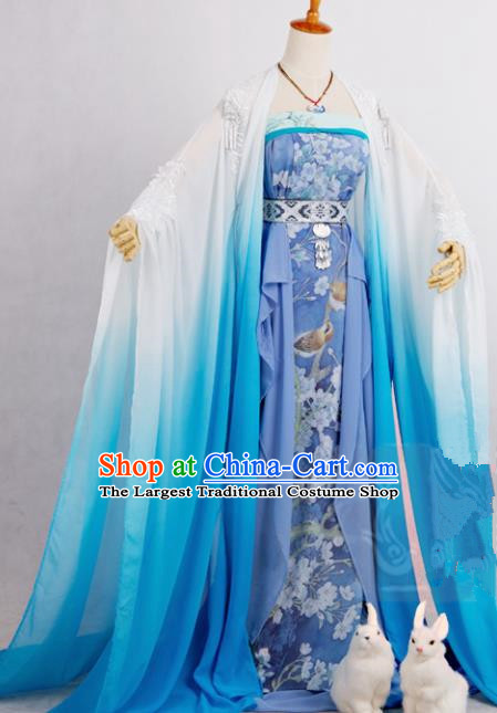 Chinese Traditional Cosplay Peri Goddess Costume Ancient Imperial Consort Blue Hanfu Dress for Women