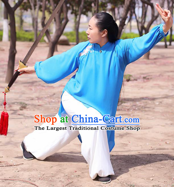 Chinese Traditional Martial Arts Costume Kung Fu Tai Chi Blue Clothing for Women