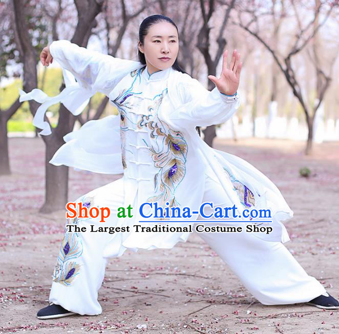 Chinese Traditional Martial Arts Costume Kung Fu Tai Chi Embroidered Phoenix White Clothing for Women